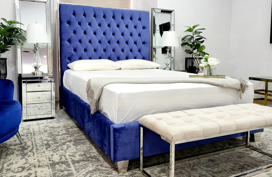 GRANDĖ Blue Tall Deep Tufted Bed