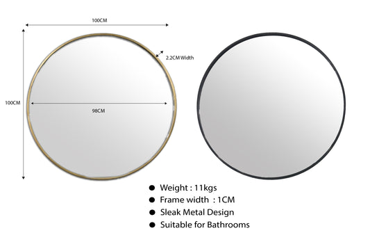 Metal Round Mirrors Range - 3 Sizes Available (Suitable for Bathrooms)