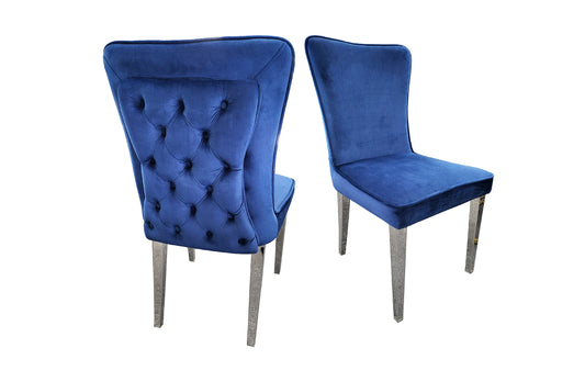 Set of 2 - Tufted Blue Dining Chair With Silver Legs