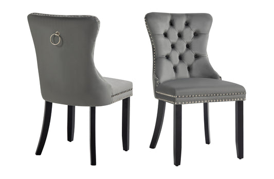 Set of 2 -Alsea Velvet & Rubberwood Dining Chairs Upholstered Tufted Stud Trim and Ring