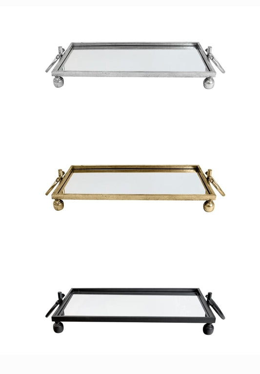 Eliza Rectangle Iron Mirror Tray with Handles - Black/Gold/Silver - 3 Sizes Available