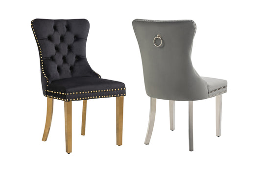 Set of 2 -Alsea Velvet & Polished Steel Dining Chairs Upholstered Tufted Stud Trim and Ring - 2 Colours