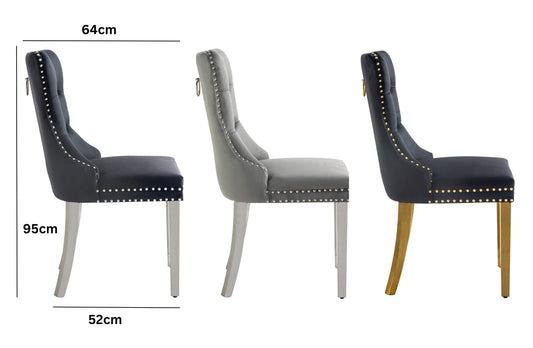 Set of 2 -Alsea Velvet & Polished Steel Dining Chairs Upholstered Tufted Stud Trim and Ring - 2 Colours