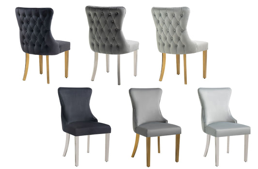 Set of 2 - Paris Velvet  & Polished Steel Upholstered Dining Chairs Tufted Back
