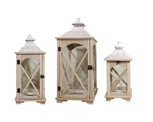 Natural Wooden Lantern With White Metal Top - 3 Sizes Available