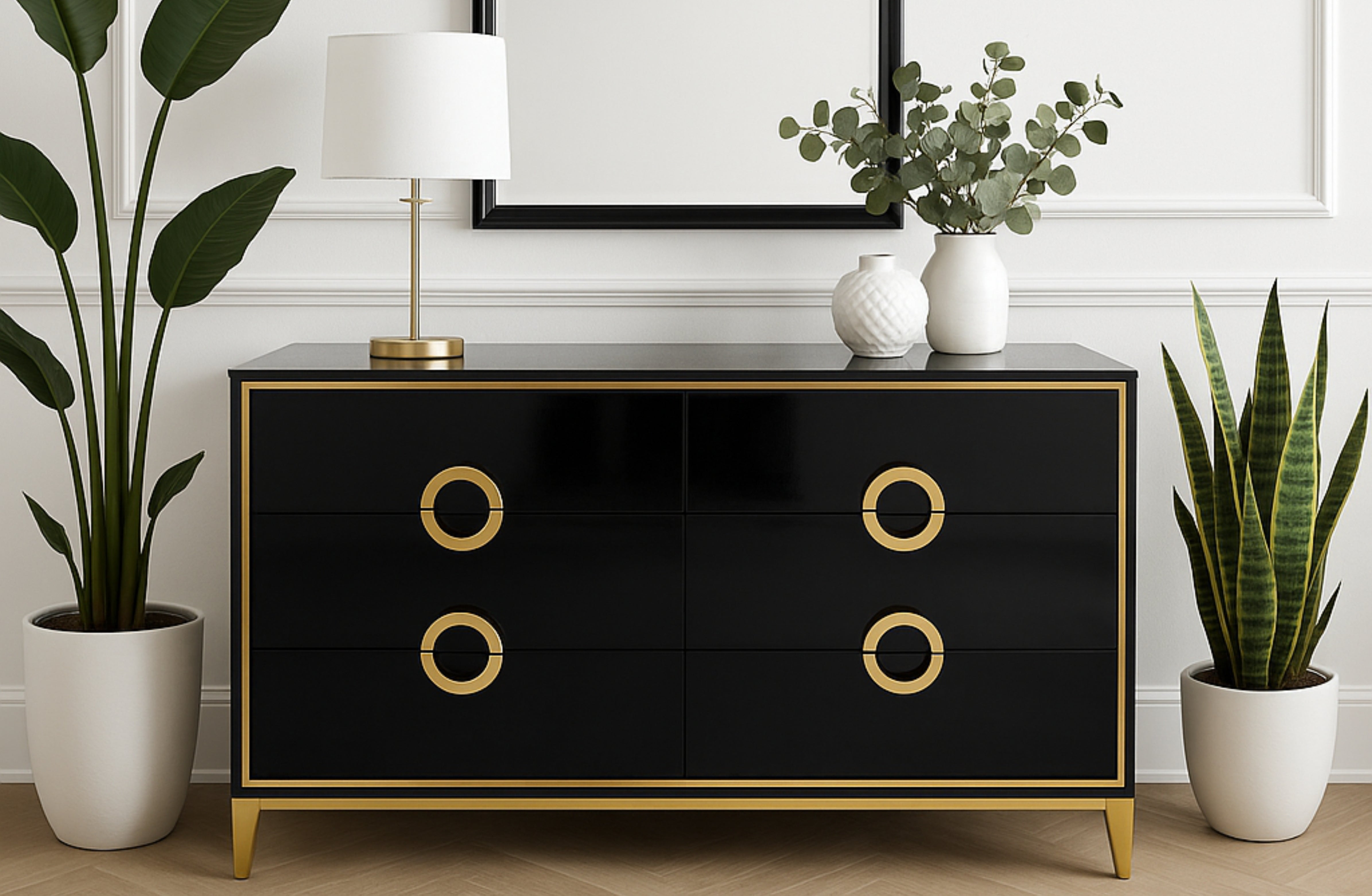 Balmain Dresser 6-Drawer Black or White with Gold Trim Elegant Collections Balmain Dresser 6-Drawer Black or White with Gold Trim Elegant Collections
