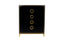 Black Balmain tallboy with gold trim featuring five drawers and circular gold handles in elegant design.