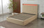 Beige Clyde PU leather gas lift bed frame with glowing LED headboard and slatted base.