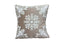 Elegant beige damask velvet cushion with detailed floral pattern, perfect for sophisticated home décor.
