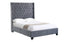 Side angle view of Ella Winged Bed in grey velvet with diamond-tufted headboard.