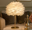 Feathered table lamp on a side table with a cozy living room background