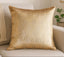 Gold patterned pillow on a beige sofa with a plant in the background