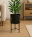 Black plant stand with a potted plant in a living room setting