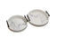 Set of two white round trays with faux marble base and gold handles, medium and small sizes.