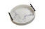 Large white round marble tray with black handles and faux marble base, 40cm diameter.