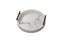 Small white round marble tray with black handles and faux marble base, 35cm diameter.