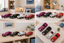 A collage showing six miniature toy classic cars arranged on shelves in a styled room. The cars come in pink, black, white, and red, with some panels showing the cars alone and others showing them in a bedroom or playroom setting.