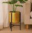 Gold planter with a plant on a black stand in a living room setting.