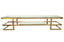 Alexa TV Unit with gold stainless steel frame and clear tempered glass top and shelf.