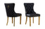 Front and back view of black PU leather tufted dining chair with gold stainless steel legs, studded trim, and decorative pull-out ring handle.