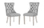 Alsea light grey velvet dining chair with tufted back, stud trim, ring handle, and silver legs.