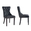 Pair of Alsea black velvet dining chairs with stud trim, tufted back, and pull-out ring.