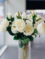 Close-up of Off white Artificial 3 Stem Roses in a clear glass vase – ultra-realistic 60cm faux roses with lush green leaves for elegant floral decor