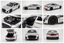 A collage of nine studio product photos showing a silver metallic die-cast model car from multiple angles, including front, rear, side, open hood, open door, wheel close-up, and open trunk.