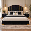 A luxury bed with a black velvet upholstered frame and a tall, geometric black headboard accented with gold trim, styled in a modern bedroom with black and white bedding, matching nightstands, and gold pendant lights.