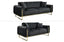 Black velvet sofa set featuring deep-cushioned three-seater and two-seater with gold trims