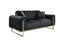 Contemporary black velvet two-seater with deep seating and polished gold frame