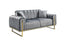 Sophisticated grey velvet two-seater sofa with structured arms and gold frame