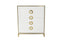 White Balmain tallboy with gold trim showcasing five drawers and round gold handles for modern storage.