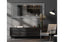 Extra large white beaded framed mirror hung horizontally above black sideboard cabinet