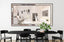 Beaded framed silver mirror hung horizontally in a dining area above table and chairs.
