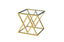 Beverly side table in gold polished frame with clear tempered glass top.
