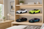 Four miniature model sports cars in white, neon yellow, black, and blue-purple colors, displayed on the shelves of a light wood bookcase in a modern bedroom setting.