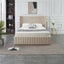 Light grey velvet bed with tall headboard and elegant modern design