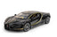 Black Bugatti Tourbillon diecast model with yellow accents and sleek design.