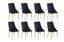 Set of 8 black velvet button tufted dining chairs with black legs displayed together.
