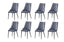 Set of 8 grey velvet button tufted dining chairs with black legs displayed together.