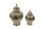 Set of large and small Classic Hampton Urns in gold ceramic finish, featuring an intricate lattice pattern for a luxurious statement décor piece.