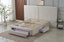 Velvet bed with storage drawers extended in modern bedroom setting.