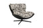 Enzo swivel arm chair in black and white textured fabric with contemporary curved silhouette.