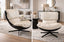 Cream Enzo swivel chair shown from angled and front views in a modern living room setting.