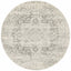 Full top view of round white silver rug with ornate pattern