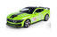 Green Ford Mustang GT500 diecast model with black stripes and rear spoiler.