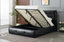 Black gas lift bed with hidden storage compartment and slatted base