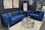 GRAND blue velvet tufted sofa set with 3-seater and 2-seater displayed in showroom with gold and silver legs