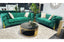 GRAND green velvet tufted sofa set with 3-seater and 2-seater featuring elegant gold legs in luxury showroom setting